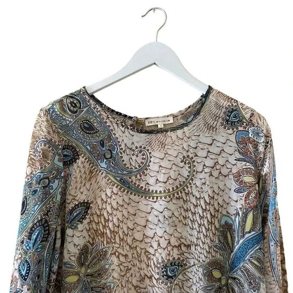 I& N Millenium Bohemian Neutral Multicolor Fringe Keyhole Crewneck SZ L #1290 - Picture 3 of 12